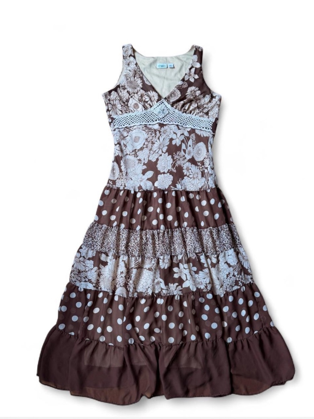 Cato Y2K Brown Floral Crochet Tiered Maxi Dress Size Small